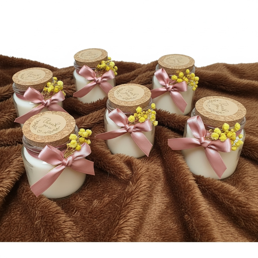 Group of six small 50ml glass jar candles displayed on a soft brown blanket. The candle return gifts feature white wax, cork lids with a "Thank you" tag, a pink satin ribbon, and a small bouquet of yellow dried flowers. Ideal for wedding or bridal shower favors.