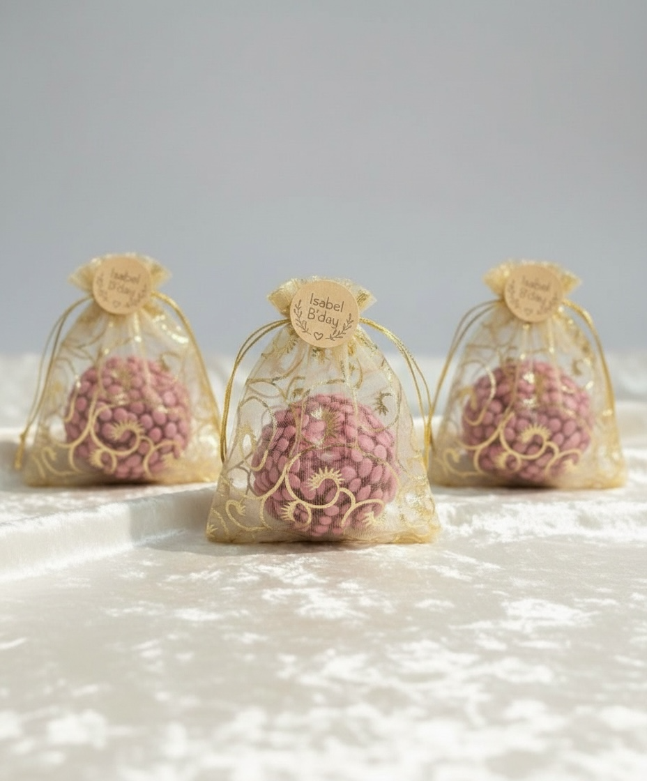 Set of three matching personalized candle favors displayed on a white velvet surface. Each pink, spherical candle is packaged in an identical sheer gold organza drawstring bag. The bags feature personalized wooden tags, such as "Isabel B'day." This image is suitable for showing return gifts in quantity.