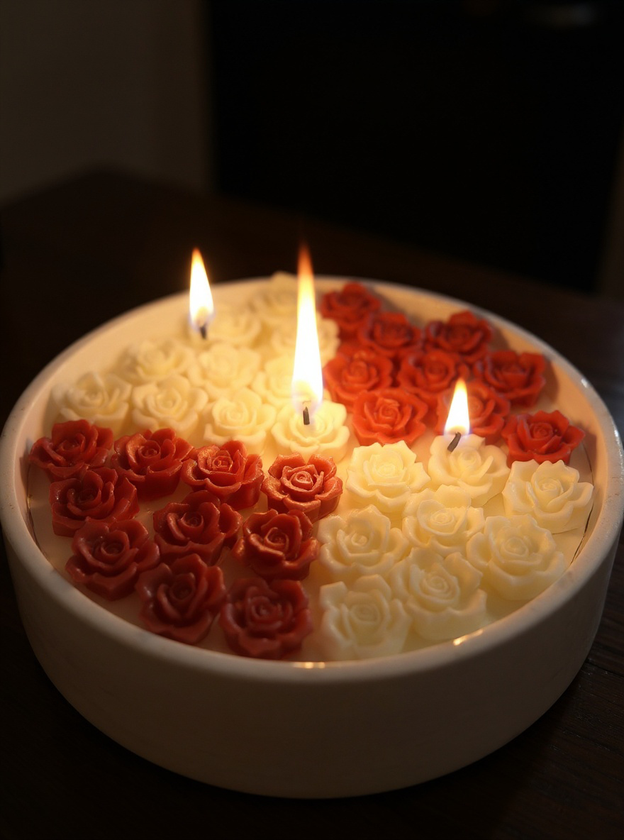 Luxurious triple-wick candle in a white ceramic bowl featuring a dramatic checkerboard pattern of deep, velvety red and creamy white miniature wax roses, beautifully illuminated by three flames.
