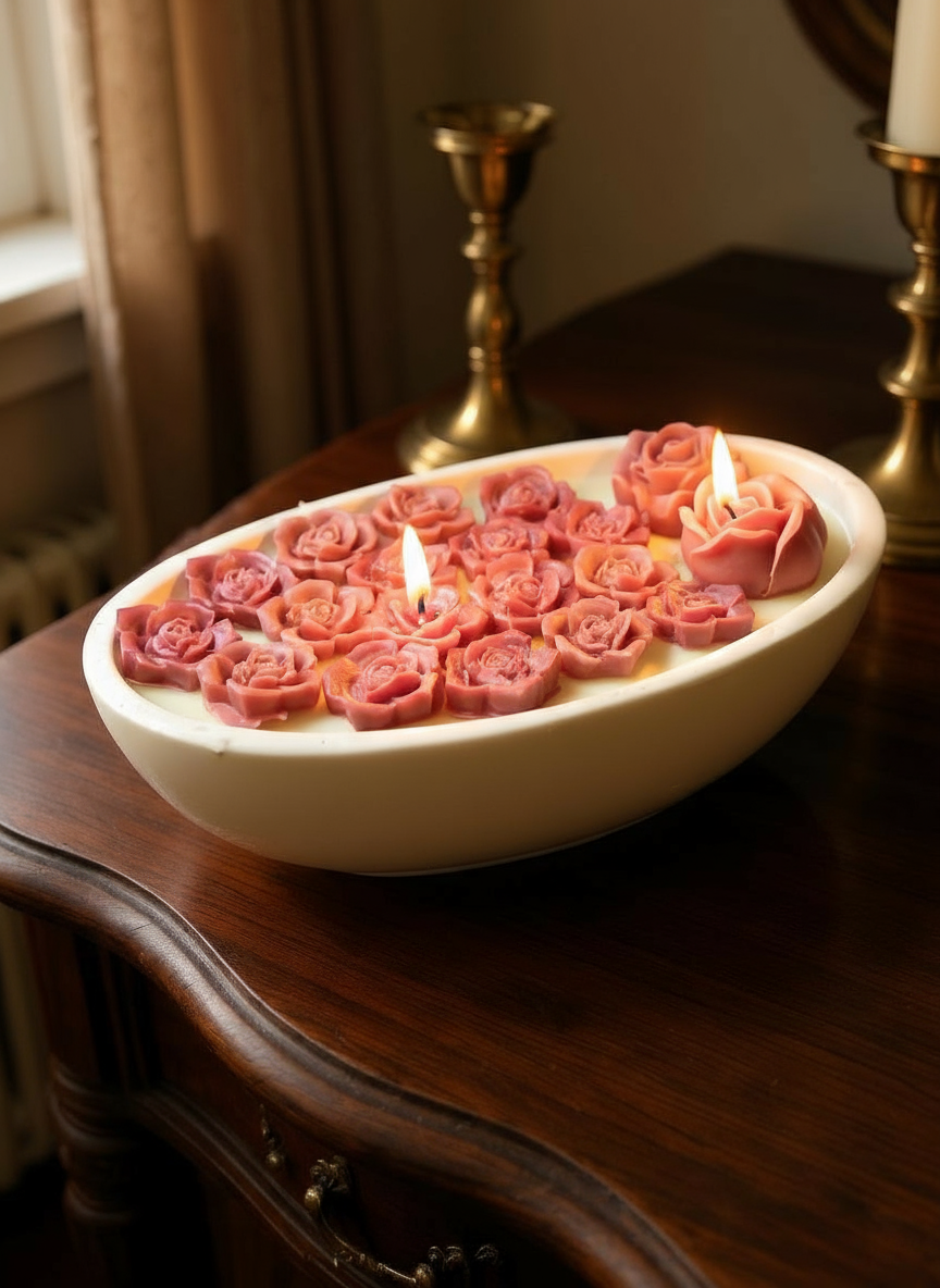 An elegant oval ceramic candle dish featuring numerous small dusty rose (mauve) wax embeds, lit with two wicks, set on a dark antique wooden dresser with brass candlesticks.