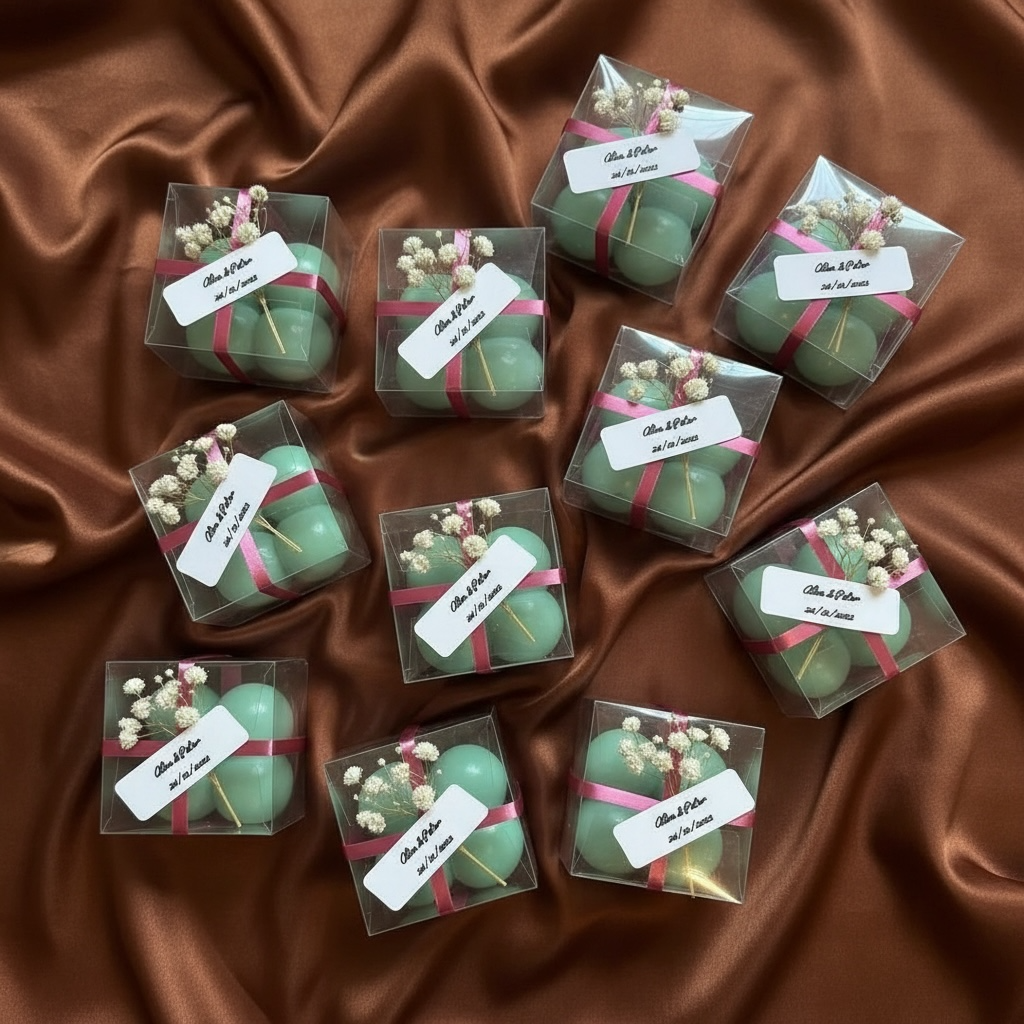 Overhead shot of nine individually packaged mint green sphere candles with pink ribbon, dried Baby's Breath, and personalized 'Olivia & Peter 24/10/2025' labels, arranged neatly in a large round woven basket on a soft beige faux fur blanket. Custom bridal or baby shower return gifts.