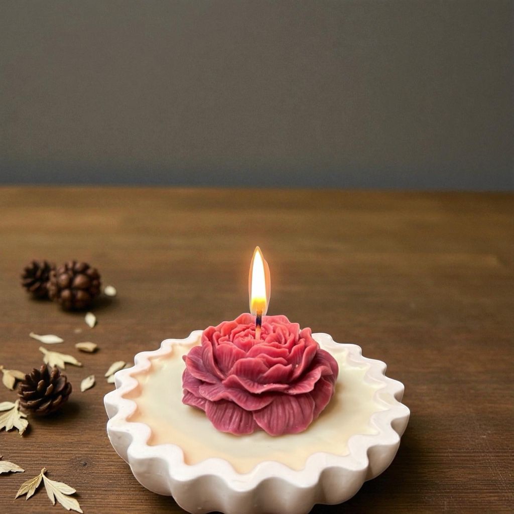 Lit single pale pink rose tart candle on a white surface with essential oil bottles.