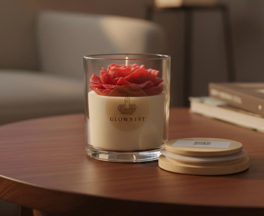 1x 320 ml Rose Candle in Glass jar- Rose flavoured candle with a rose shaped candle on top