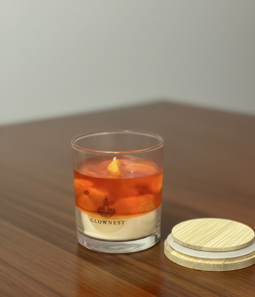 1x 320 ml Orange Candle in Glass jar- Orange flavoured candle with orange shaped waxes on top