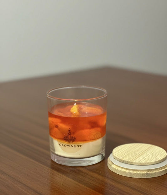 1x 320 ml Orange Candle in Glass jar- Orange flavoured candle with orange shaped waxes on top