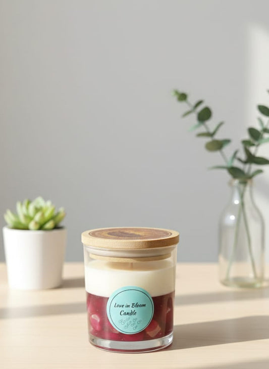 1x 320ml "Love in Bloom" Two-Tone Heart Embed Candle – Handcrafted Gel & Soy Wax Floral Candle with Bamboo Lid